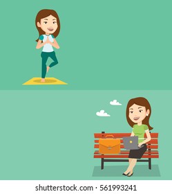 Two lifestyle banners with space for text. Vector flat design. Horizontal layout. Caucasian woman standing in yoga tree pose. Young smiling woman meditating in yoga tree position. Woman doing yoga.