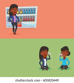 Two lifestyle banners with space for text. Vector flat design. Horizontal layout. African woman standing in alcohol store with pack of beer on the background of refrigerator. Young woman buying beer.