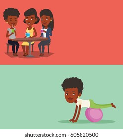 Dos banderas de estilo de vida con espacio para el texto. Diseño plano vectorial. Diseño horizontal. Grupo de amigos bebiendo en una cafetería. Tres amigos en una cafetería. Relajación y concepto de amistad.