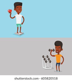 Dos banderas de estilo de vida con espacio para el texto. Diseño plano vectorial. Diseño horizontal. Joven deportista levantando dumbbell de peso pesado. Deportista haciendo ejercicio con dumbbell. Levantador de pesas sosteniendo el timbre.