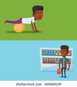 Two lifestyle banners with space for text. Vector flat design. Horizontal layout. Cheerful man exercising with fit ball. African man working out with fit ball. Concept of healthy lifestyle and sport.