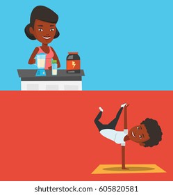 Two lifestyle banners with space for text. Vector flat design. Horizontal layout. African woman making protein shake using blender. Woman preparing protein cocktail of bodybuilding food supplements.