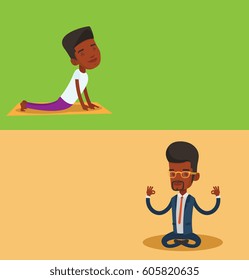 Two lifestyle banners with space for text. Vector flat design. Horizontal layout. Businessman meditating in yoga lotus position. Businessman relaxing in the yoga lotus position. Businessman doing yoga