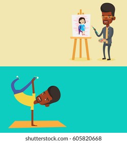 Two lifestyle banners with space for text. Vector flat design. Horizontal layout. Man showing his skills in break dance. Happy breakdance dancer doing handstand. Young smiling man breakdancing.