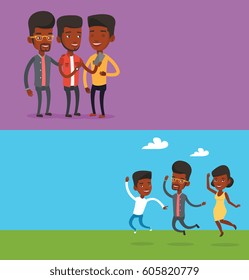 Two lifestyle banners with space for text. Vector flat design. Horizontal layout. African young man showing something to friends on smartphone. Three happy friends looking at smartphone and laughing.