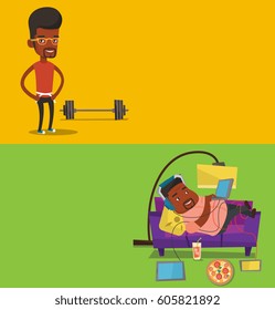 Two lifestyle banners with space for text. Vector flat design. Horizontal layout. Young man measuring his waistline with a tape. Man measuring with tape the abdomen. Happy man with tape on a waist.