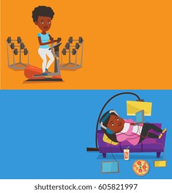 Two lifestyle banners with space for text. Vector flat design. Horizontal layout. African fat woman relaxing on a sofa with many gadgets. Fat woman lying on a sofa surrounded by gadgets and fast food.