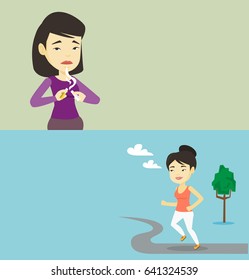 Two lifestyle banners with space for text. Vector flat design. Horizontal layout. Cheerful asian woman running on forest road. Woman running outdoors. Young smiling sportswoman running in the park.