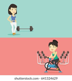 Two lifestyle banners with space for text. Vector flat design. Horizontal layout. Woman riding stationary bicycle. Woman exercising on stationary training bicycle. Woman training on exercise bicycle.