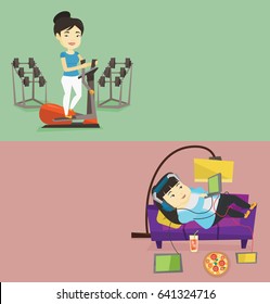 Two lifestyle banners with space for text. Vector flat design. Horizontal layout. Asian fat woman relaxing on a sofa with many gadgets. Plump woman lying on a sofa surrounded by gadgets and fast food.