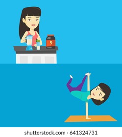 Two lifestyle banners with space for text. Vector flat design. Horizontal layout. Young asian woman showing her skills in break dance. Happy breakdance dancer doing handstand. Young woman dancing.