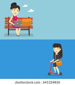 Two lifestyle banners with space for text. Vector flat design. Horizontal layout. Asian smiling business woman working on laptop outdoor. Young business woman sitting on bench and working on laptop.