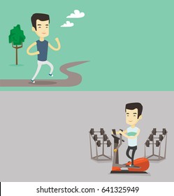 Two lifestyle banners with space for text. Vector flat design. Horizontal layout. Asian man exercising on elliptical trainer. Man using elliptical trainer. Man doing exercises on elliptical trainer.