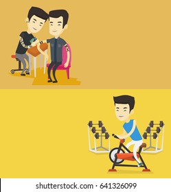 Two lifestyle banners with space for text. Vector flat design. Horizontal layout. Master tattoo artist makes tattoo on the hand of a man. Tattooist makes a tattoo. Professional tattoo artist at work.