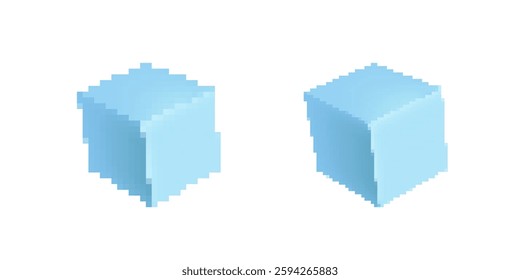 Two light blue cubes challenge perception with their identical shapes, appearing deceptively unequal.