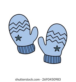Two light blue mittens, adorned with zigzag patterns and star details. Winter apparel illustration, isolated on white. Cozy, warm, and festive, perfect for seasonal designs.