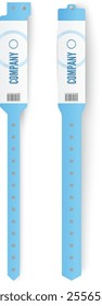 Two light blue vinyl wristbands for events, concerts or festivals, showing front and back, featuring company logo, barcode and adjustable holes