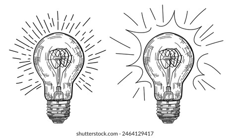 Two light bulb with drawing showing a bright light. Engraving style. Vector illustration