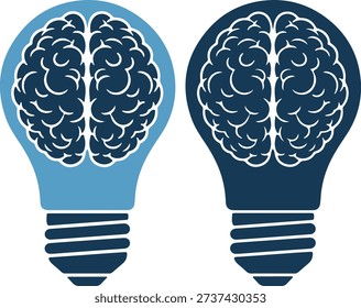 Two light bulb icons in blue shades with a brain symbol inside, isolated on white background, representing ideas and intelligence.