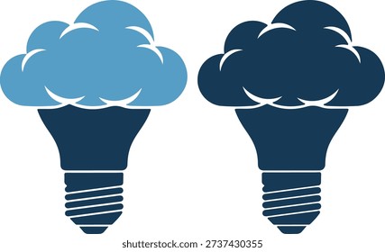 Two light bulb icons in blue shades with a cloud symbol inside, isolated on white background, representing ideas and cloud computing.