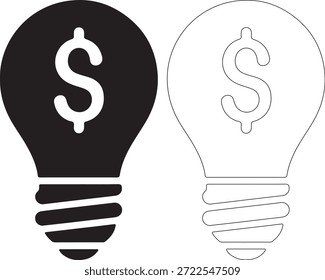 Dos iconos de la bombilla, uno negro y otro blanco, con los signos del dólar adentro, en un fondo blanco