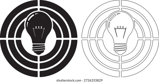 Dos iconos de bombilla, uno negro y otro blanco, en un símbolo de objetivo sobre un fondo blanco puro, que representan ideas y objetivos