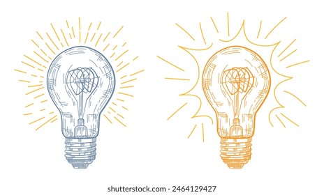 Dos bombillas, una amarilla y una azul. Estilo de grabado. Ilustración vectorial
