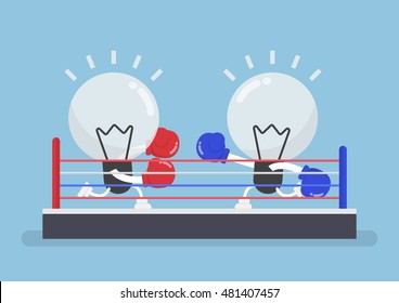 Two light bulb wearing boxing gloves fighting in boxing ring, concept of the competition of ideas.