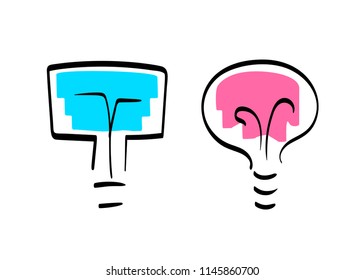 Two light bulbs blue pink dynamic hand-drawn line style. The concept of male and female image.