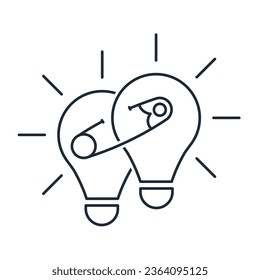 Dos bombillas están conectadas con un pasador. Combinar ideas.  Icono lineal vectorial aislado en fondo blanco.