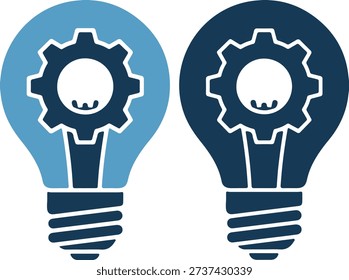Two light bulbs with gears inside, one light blue and one dark blue, on a white background, symbolizing ideas and innovation