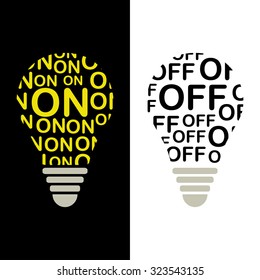two light bulbs. On and Off. black and white background
