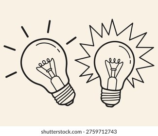 Two light bulbs with one emitting rays of light and the other with an explosive burst of creativity