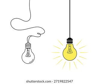 Duas lâmpadas, uma desligada e ligada por um cordão emaranhado, a outra iluminada e pendurada diretamente para baixo, simbolizando ideias e inovação