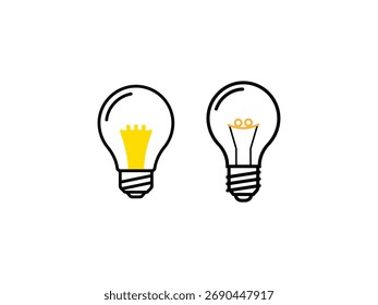Two light bulbs, one with a yellow filament and the other with an orange filament. The bulbs are simple and clean. Isolated on white background. 150 characters.