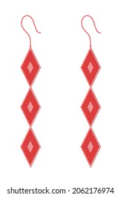 Two light and dark red earrings made of 3D squares in the shape of three rhombus hanging below each other