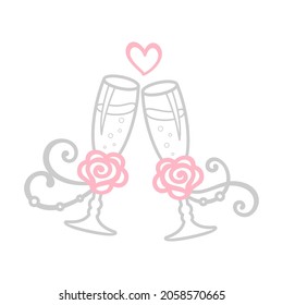 Zwei hellgraue Gläser Champagner mit rosafarbenen Rosen und ein kleines Herz auf weißem Hintergrund. Hochzeitsgeschirr mit Rose und Band. Vektorzeichen und Emblem für Hochzeit, Engagement, Neues Jahr und Weihnachten