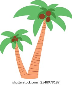 Two light isolated palm trees with coconuts in flat style