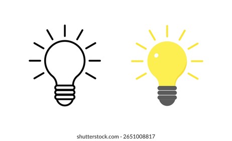 Two lightbulb icons on a white background one outlined the other yellow and lit with a blue base