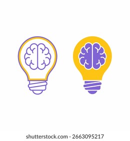 Dos iconos de bombilla, uno delineado y otro lleno, cada uno con un gráfico cerebral en el interior, que simboliza ideas e inteligencia.