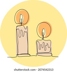 Two lighted candles on a round yellow background . Vector illustration style line.