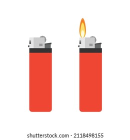 Two lighters isolated on white background. Gas lighter with flaming fire. Vector stock