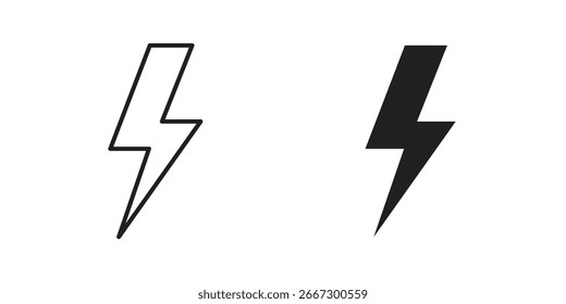 Two lightning bolt icons, one outline and one filled, isolated on a white background. Simple, vector graphic design.