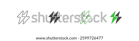 Two lightning bolts fast charging vector outline and flat icons set. High-speed charging symbols.