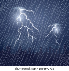 Two lightning flashes and raindrops in the dark sky. Thunderstorm and raindrops. Realistic vector illustration of heavy rain.