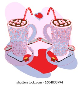 two lilac cups with cocoa for lovers with marmeshow in lilac colors, St. Valentine's Day, illustration, vector, isolate