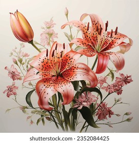 Two lily flowers with orange and pink colors. Beautiful. One bud and small flowers. On a light background.