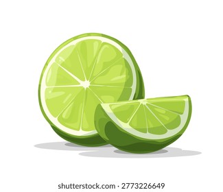 Two lime slices are displayed on a white background in a cartoon vector style. One slice is whole and round, while the other is a wedge showing the fresh green pulp inside. The simple design highlights the clean shapes and bright color of the limes. This graphic can be used for various food-related designs, recipes, or educational purposes about fruits. The focus is on the limes and their vibrant appearance
