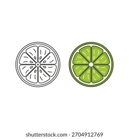Two lime slices, one in color and one in black and white isolated on
