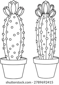 Two line art cactus plants in pots with flowers. Outline vector icons representing desert plants and nature.